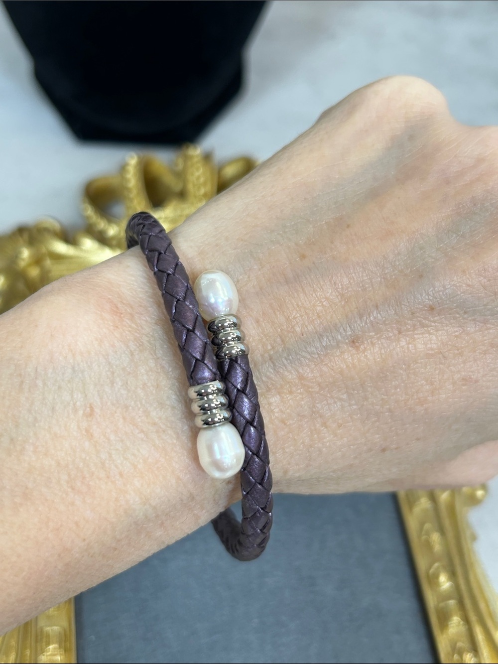 TARA pearls Purple Braided Leather Bracelet with Freshwater Pearls